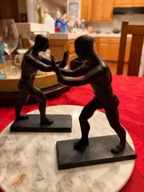 Black Metal Fighter Sculpture Pair - Home Art Accent nude man bookends